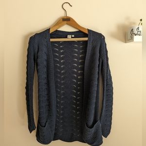 Knitted crochet cardigan, long sleeves with pockets, navy blue, women's xs